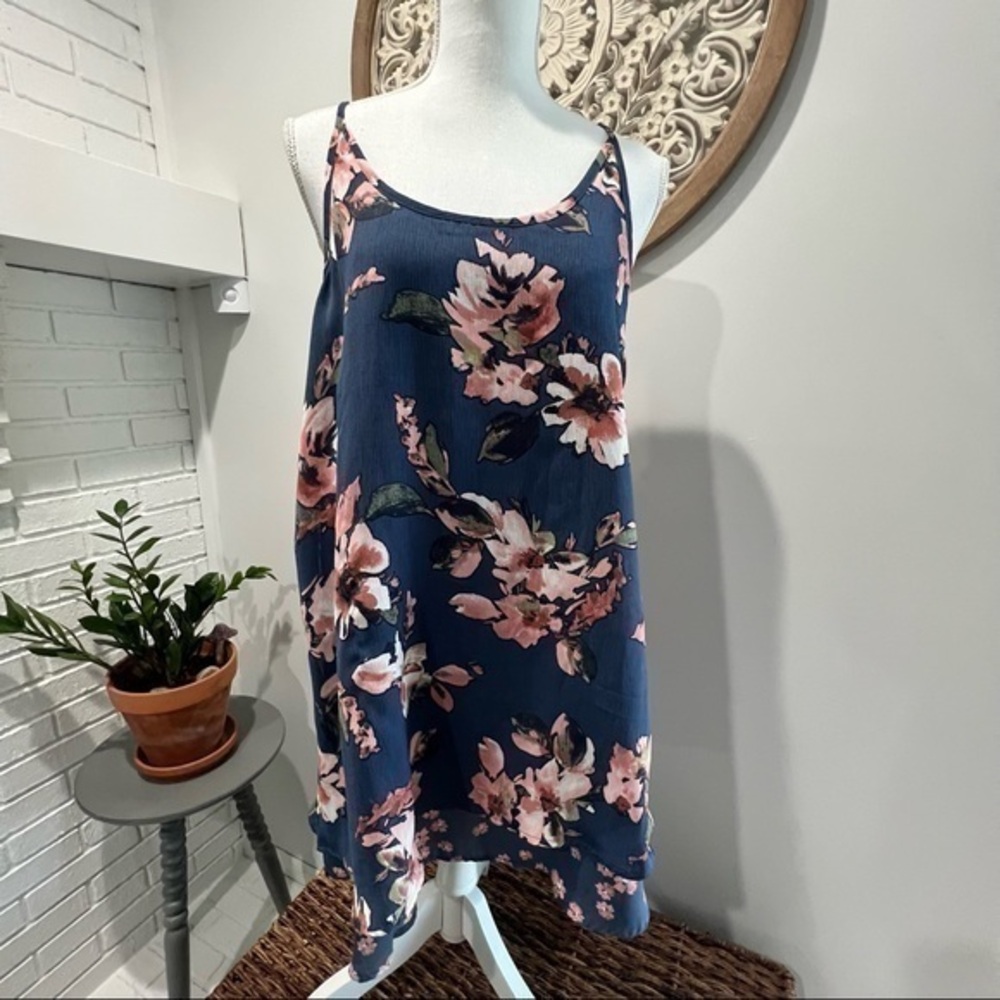 Three Pink Hearts Trixxi Sun Dress Juniors Large Dusty Blue Floral Print